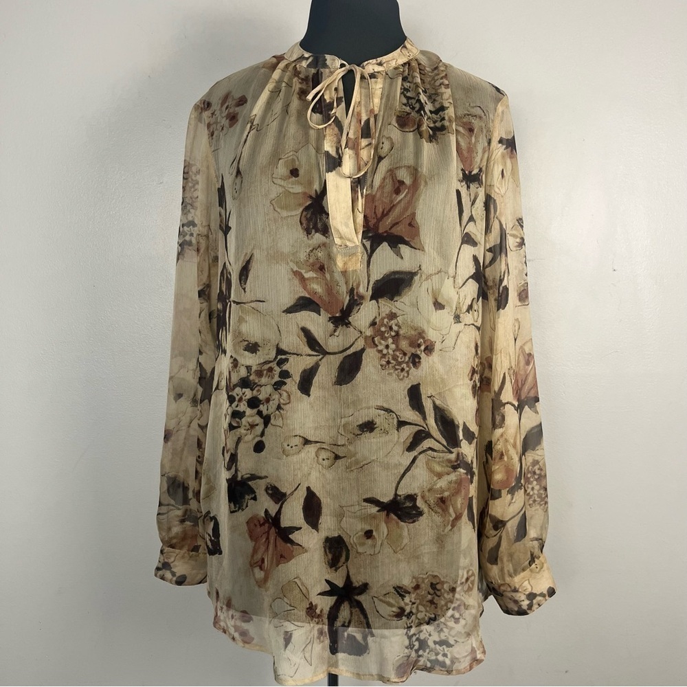Ralph Lauren Tan Floral Chiffon Georgette Split Neck blouse sheer size XL New